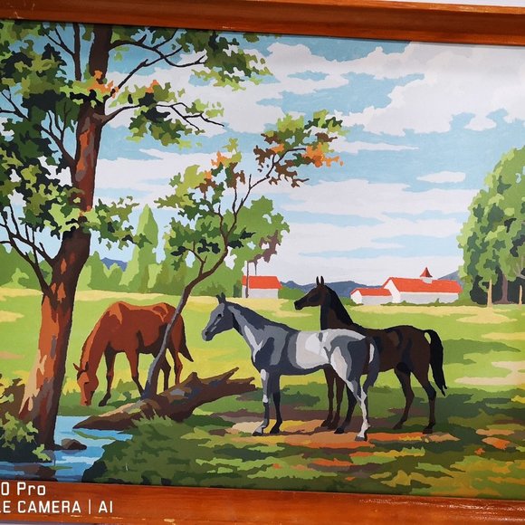 Paint by Numbers 1950s Horses in Pasture Farmyard - Picture 1 of 5